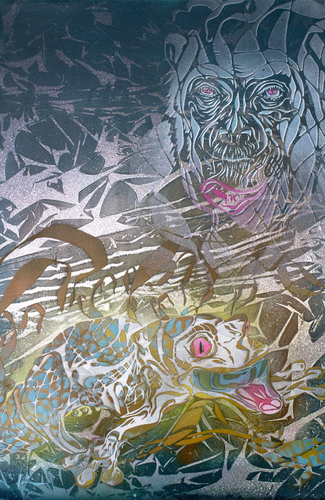 Le Gorille au Caméléon - Spray et pochoirs sur papier - poasson artiste peintre