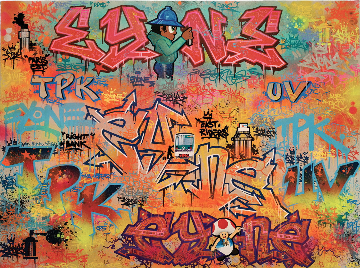 Eyone tpk - graffiti-story, une épopée du graffiti, lettrages et personnages des années 90, à l'aérosol et au marqueur sur toile et sur mur - Collectif-avc
