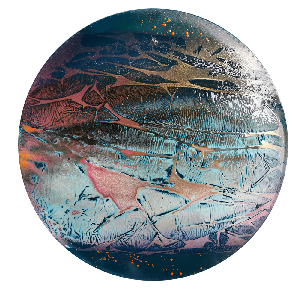 sphere, aérosol sur panneau de ville en métal, poasson artiste peintre