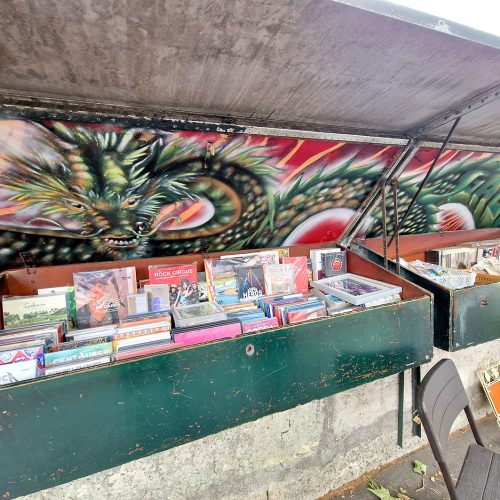 Le dragon littéraire ou la découverte de l’histoire des Hommes par le livre, une fresque réalisée pour Gaga Land, bouquiniste des quais de Seine à paris en juin 2023, à l’aérosol. Street-Art et Graffiti