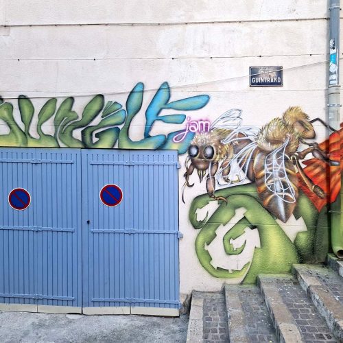 Rue Saint-Antoine, dans le quartier du panier à Marseille, fresque réalisée au mois de mars 2023, à l'aérosol. "Jungle Jam", une jungle sortie d'un gramophone découvert par deux petites filles du quartier.