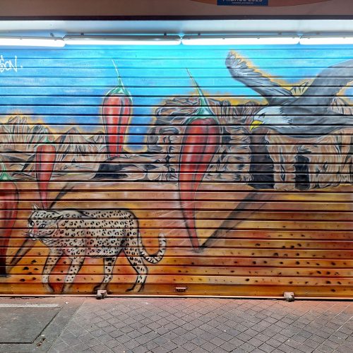 Le désert de piments, fresque réalisée pour l’épicerie le Saladin sur la Canebière à Marseille au mois d’octobre 2023. Graffiti et Street-Art